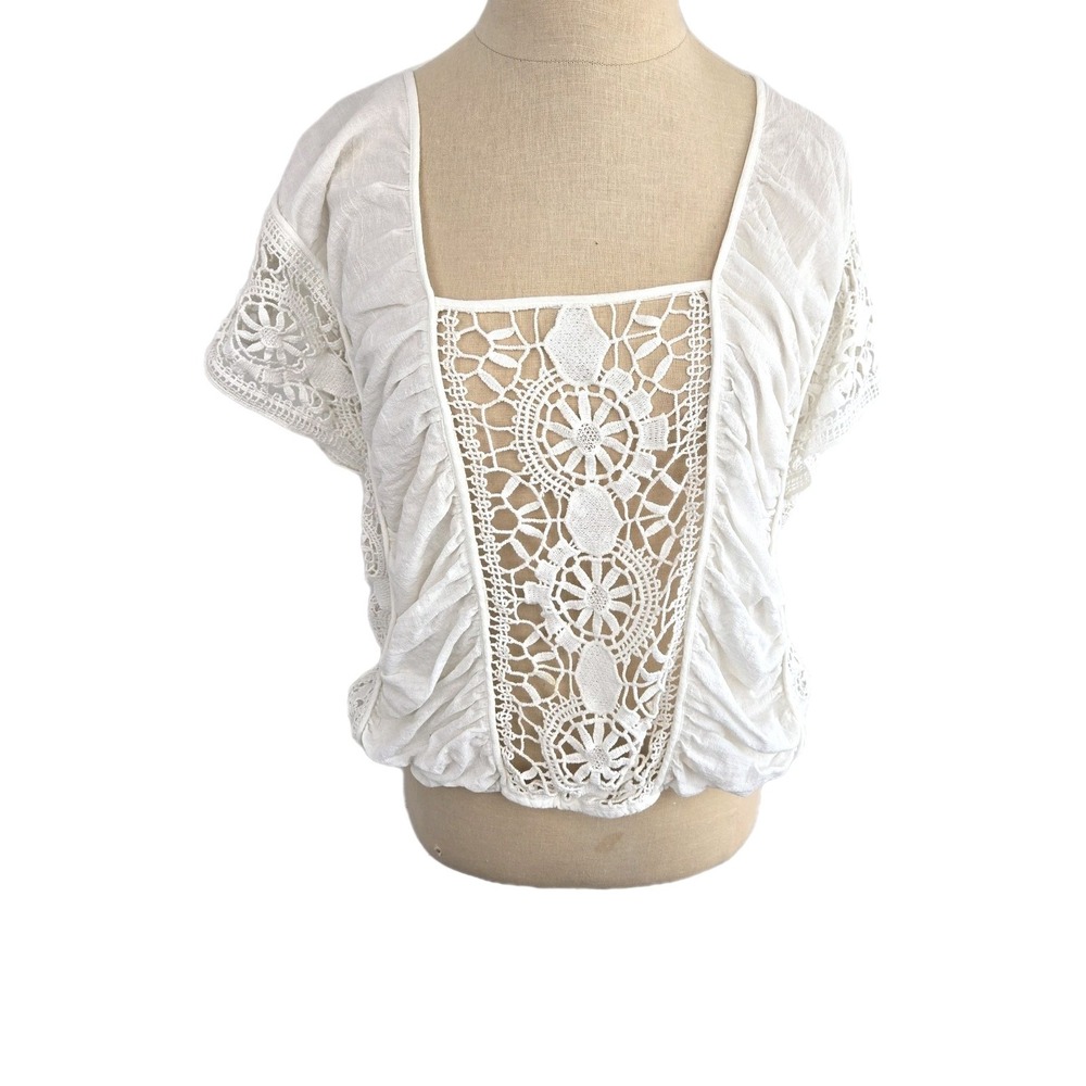 Free People White Boho Blouse Crochet Lace Inserts Size L Top Euro Summer